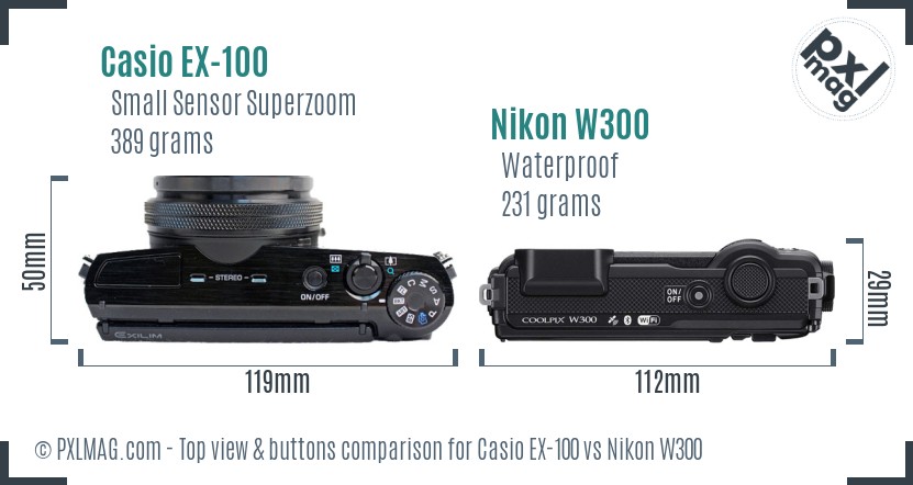 Casio EX-100 vs Nikon W300 top view buttons comparison