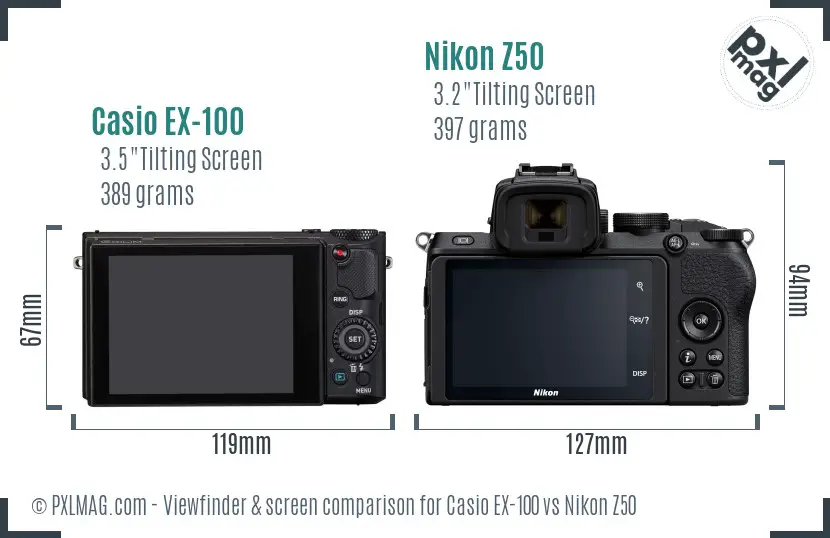 Casio EX-100 vs Nikon Z50 Screen and Viewfinder comparison