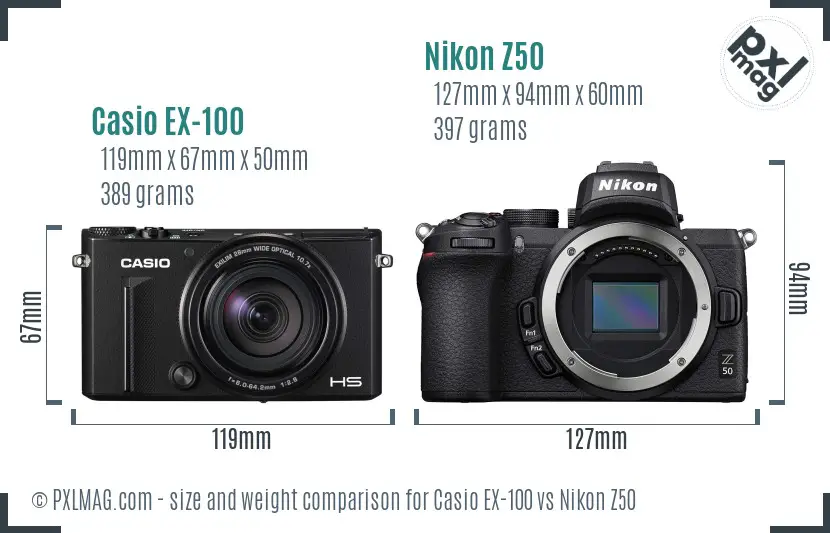 Casio EX-100 vs Nikon Z50 size comparison