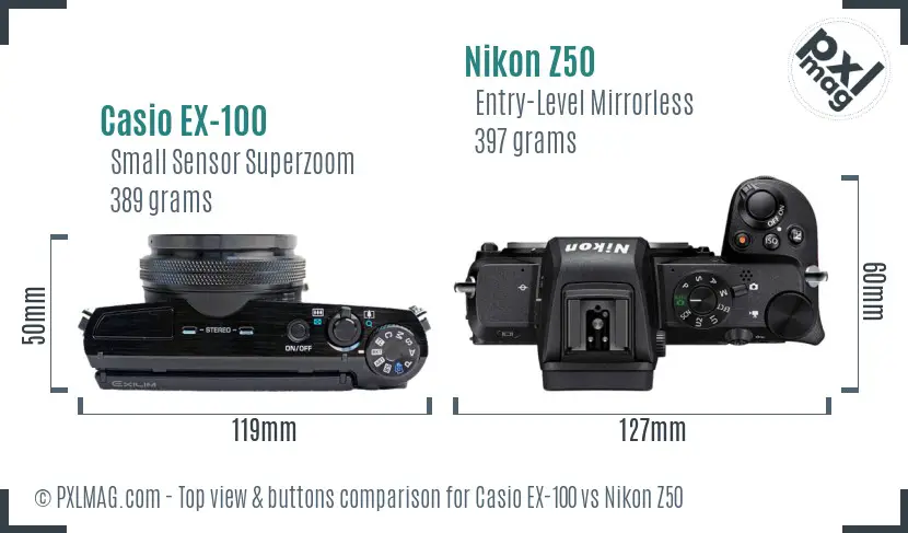 Casio EX-100 vs Nikon Z50 top view buttons comparison