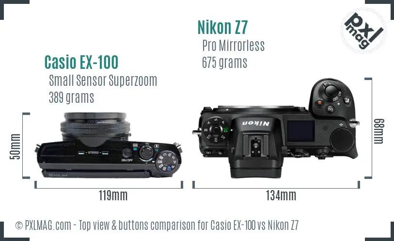 Casio EX-100 vs Nikon Z7 top view buttons comparison