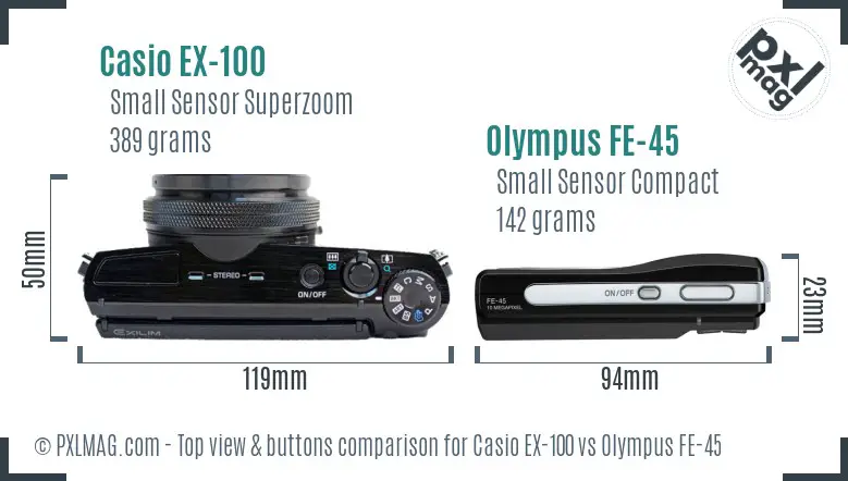 Casio EX-100 vs Olympus FE-45 top view buttons comparison