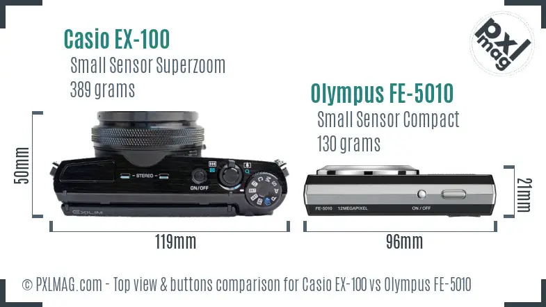 Casio EX-100 vs Olympus FE-5010 top view buttons comparison Casio EX-100 vs Olympus FE-5010 top view buttons comparison