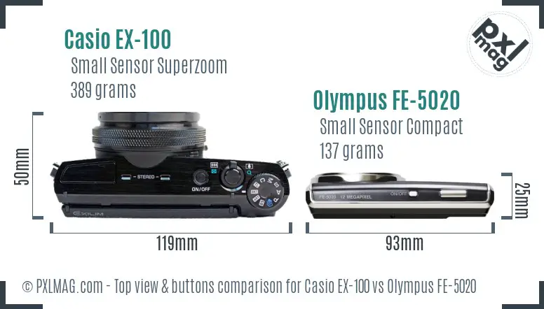 Casio EX-100 vs Olympus FE-5020 top view buttons comparison