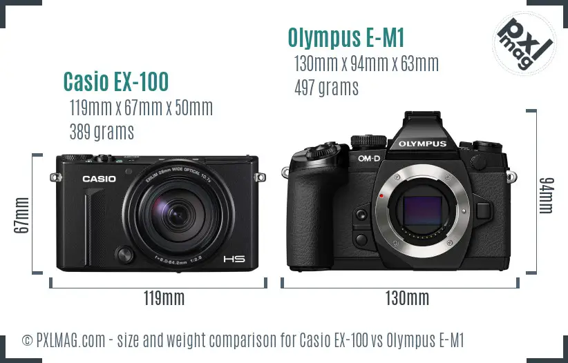 Casio EX-100 vs Olympus E-M1 size comparison