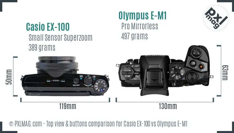 Casio EX-100 vs Olympus E-M1 top view buttons comparison