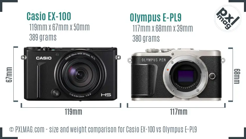 Casio EX-100 vs Olympus E-PL9 size comparison