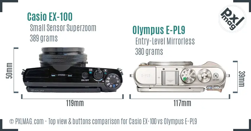 Casio EX-100 vs Olympus E-PL9 top view buttons comparison