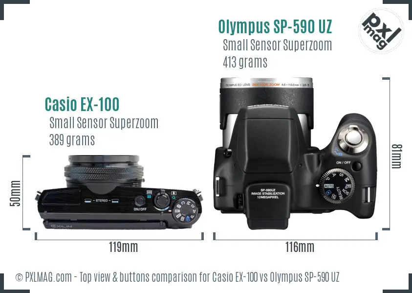 Casio EX-100 vs Olympus SP-590 UZ top view buttons comparison