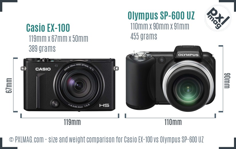 Casio EX-100 vs Olympus SP-600 UZ size comparison Casio EX-100 vs Olympus SP-600 UZ size comparison