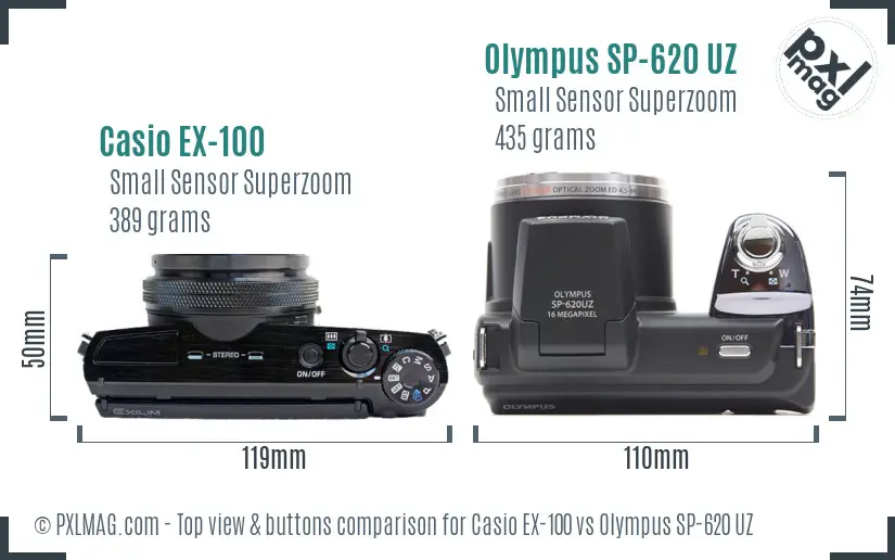 Casio EX-100 vs Olympus SP-620 UZ top view buttons comparison Casio EX-100 vs Olympus SP-620 UZ top view buttons comparison
