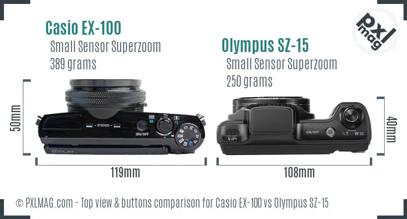 Casio EX-100 vs Olympus SZ-15 top view buttons comparison Casio EX-100 vs Olympus SZ-15 top view buttons comparison