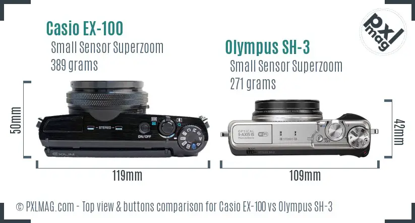 Casio EX-100 vs Olympus SH-3 top view buttons comparison Casio EX-100 vs Olympus SH-3 top view buttons comparison