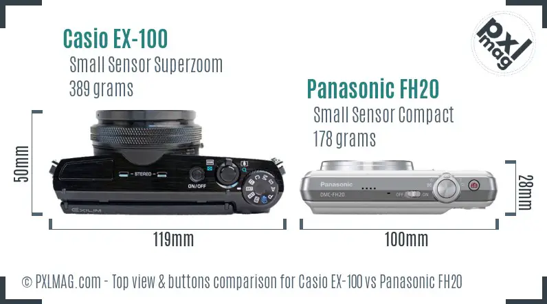 Casio EX-100 vs Panasonic FH20 top view buttons comparison Casio EX-100 vs Panasonic FH20 top view buttons comparison