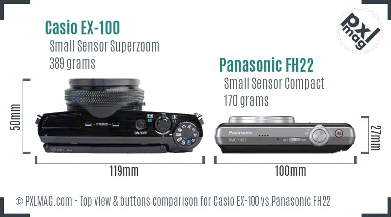 Casio EX-100 vs Panasonic FH22 top view buttons comparison Casio EX-100 vs Panasonic FH22 top view buttons comparison