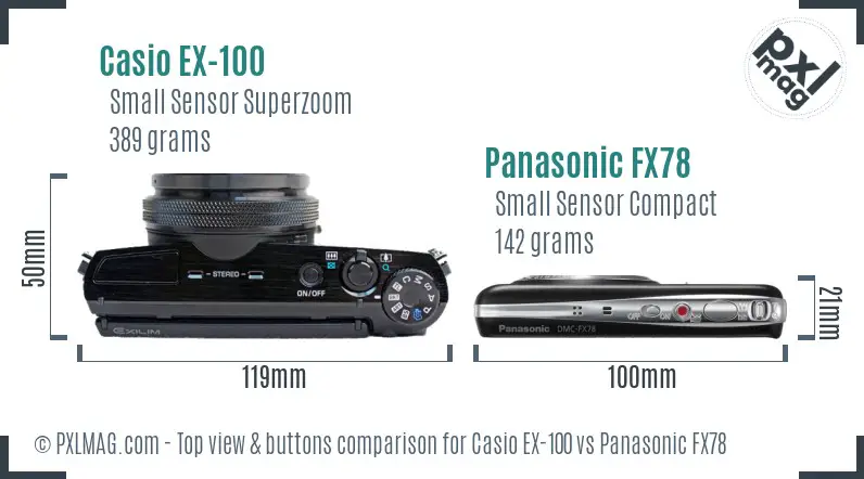 Casio EX-100 vs Panasonic FX78 top view buttons comparison Casio EX-100 vs Panasonic FX78 top view buttons comparison