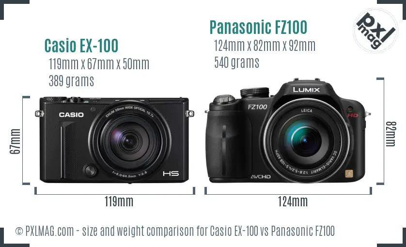Casio EX-100 vs Panasonic FZ100 size comparison