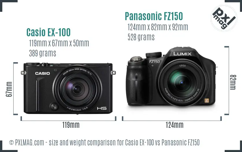 Casio EX-100 vs Panasonic FZ150 size comparison Casio EX-100 vs Panasonic FZ150 size comparison