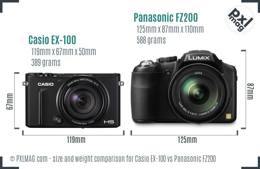 Casio EX-100 vs Panasonic FZ200 size comparison