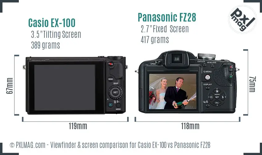 Casio EX-100 vs Panasonic FZ28 Screen and Viewfinder comparison