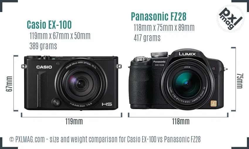 Casio EX-100 vs Panasonic FZ28 size comparison