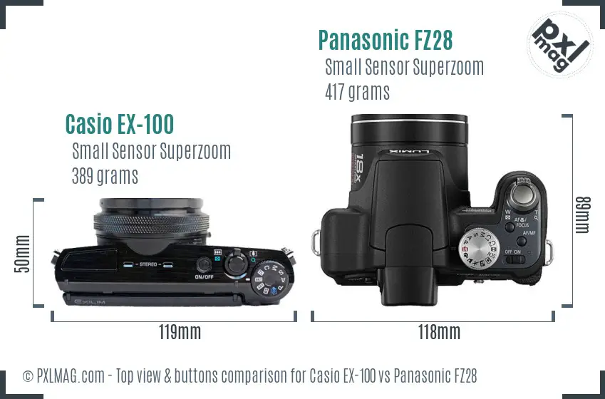 Casio EX-100 vs Panasonic FZ28 top view buttons comparison