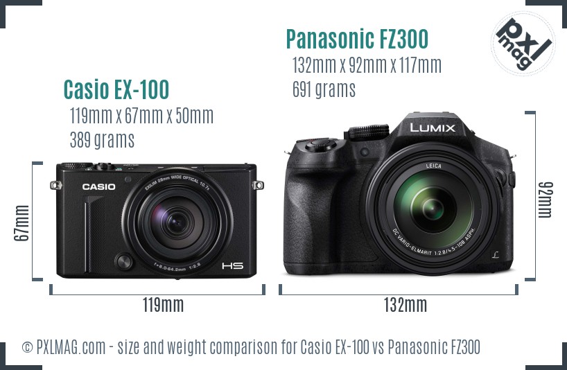 Casio EX-100 vs Panasonic FZ300 size comparison Casio EX-100 vs Panasonic FZ300 size comparison