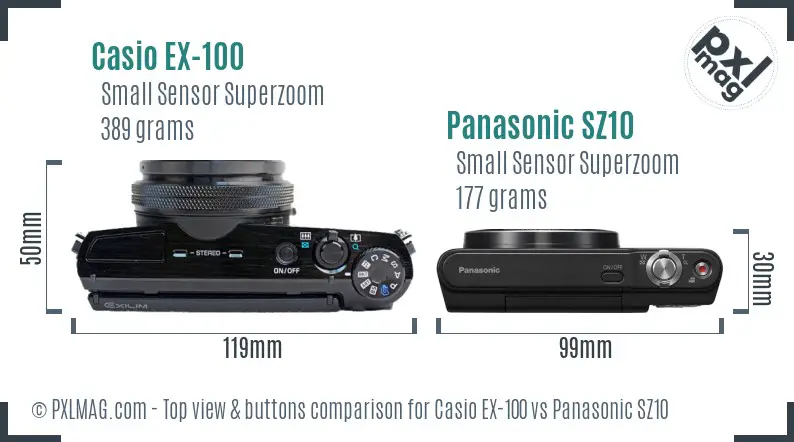 Casio EX-100 vs Panasonic SZ10 top view buttons comparison Casio EX-100 vs Panasonic SZ10 top view buttons comparison