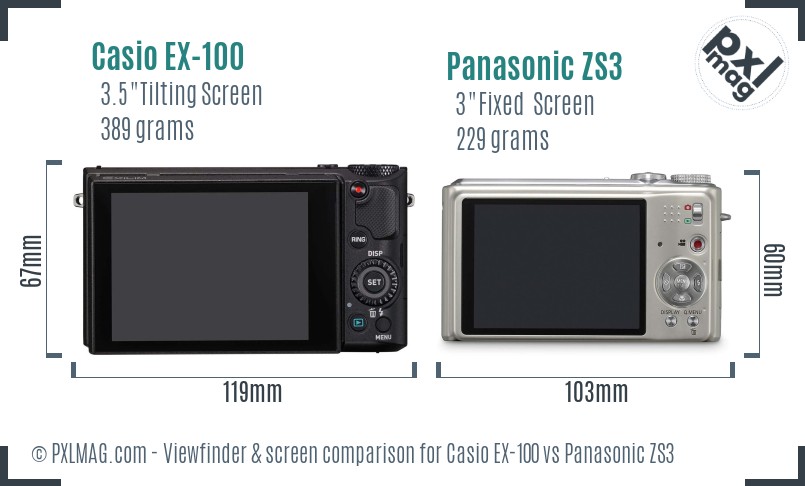 Casio EX-100 vs Panasonic ZS3 Screen and Viewfinder comparison