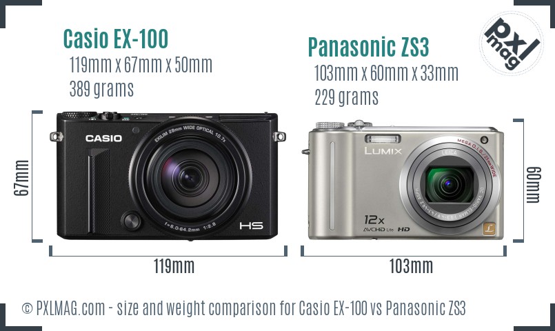 Casio EX-100 vs Panasonic ZS3 size comparison