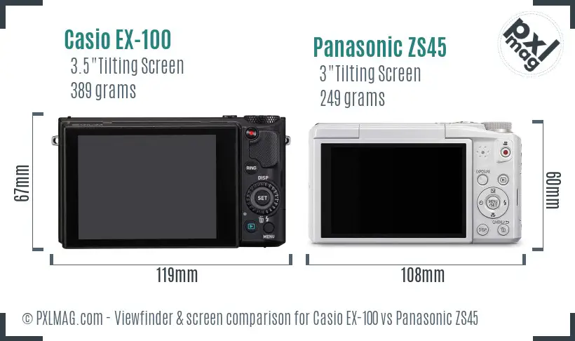 Casio EX-100 vs Panasonic ZS45 Screen and Viewfinder comparison