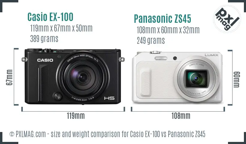 Casio EX-100 vs Panasonic ZS45 size comparison