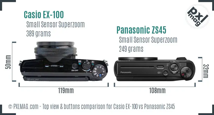 Casio EX-100 vs Panasonic ZS45 top view buttons comparison