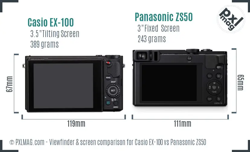 Casio EX-100 vs Panasonic ZS50 Screen and Viewfinder comparison