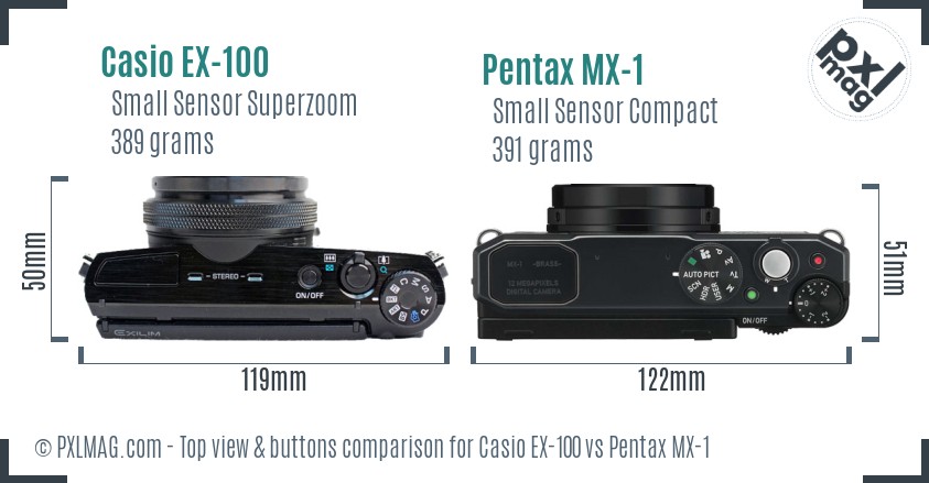 Casio EX-100 vs Pentax MX-1 top view buttons comparison