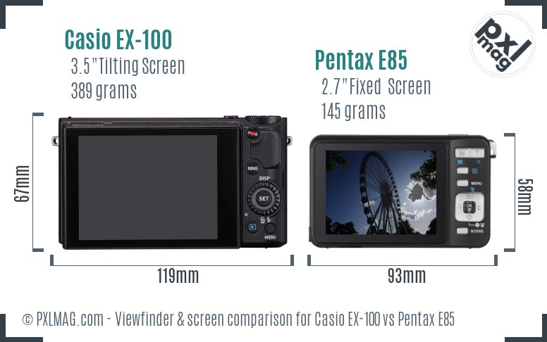 Casio EX-100 vs Pentax E85 Screen and Viewfinder comparison