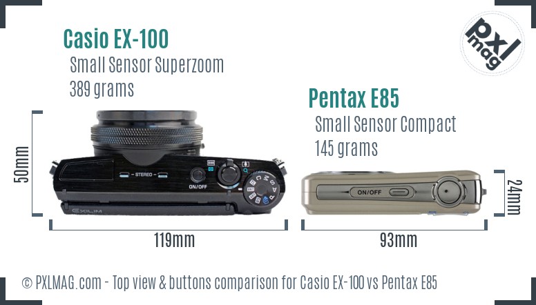 Casio EX-100 vs Pentax E85 top view buttons comparison