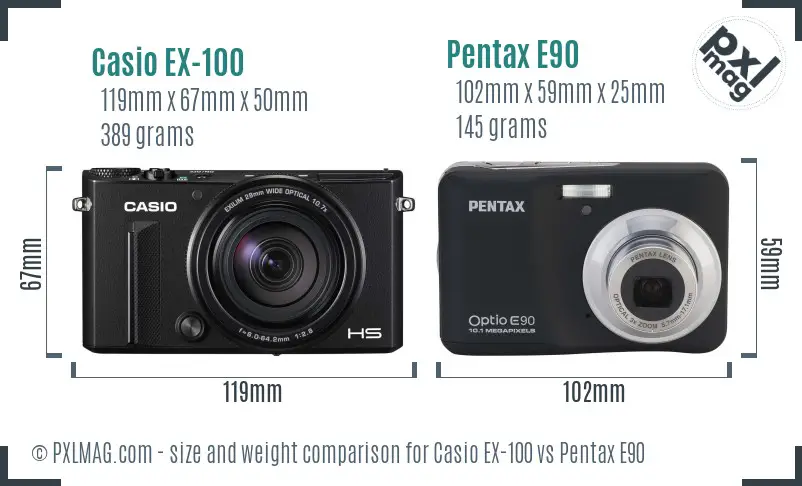 Casio EX-100 vs Pentax E90 size comparison