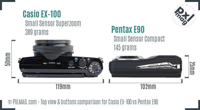 Casio EX-100 vs Pentax E90 top view buttons comparison