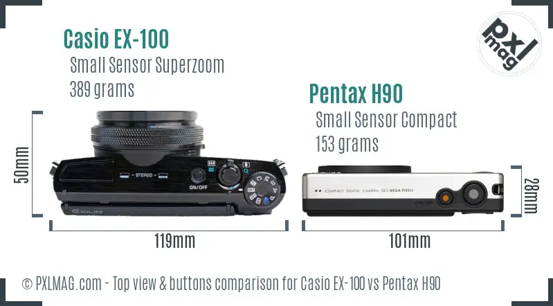 Casio EX-100 vs Pentax H90 top view buttons comparison Casio EX-100 vs Pentax H90 top view buttons comparison