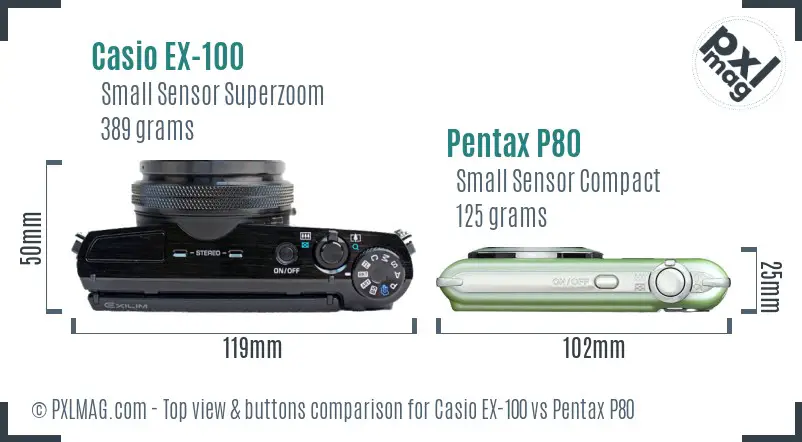 Casio EX-100 vs Pentax P80 top view buttons comparison Casio EX-100 vs Pentax P80 top view buttons comparison