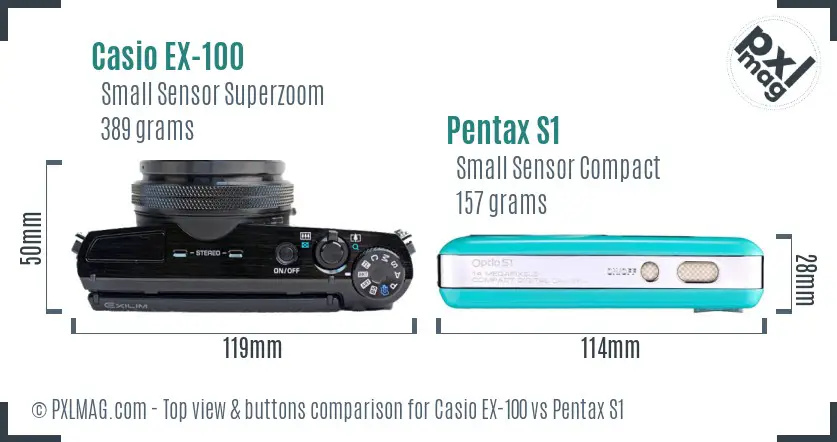 Casio EX-100 vs Pentax S1 top view buttons comparison Casio EX-100 vs Pentax S1 top view buttons comparison