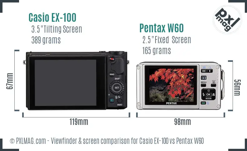 Casio EX-100 vs Pentax W60 Screen and Viewfinder comparison