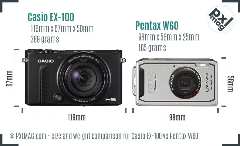 Casio EX-100 vs Pentax W60 size comparison