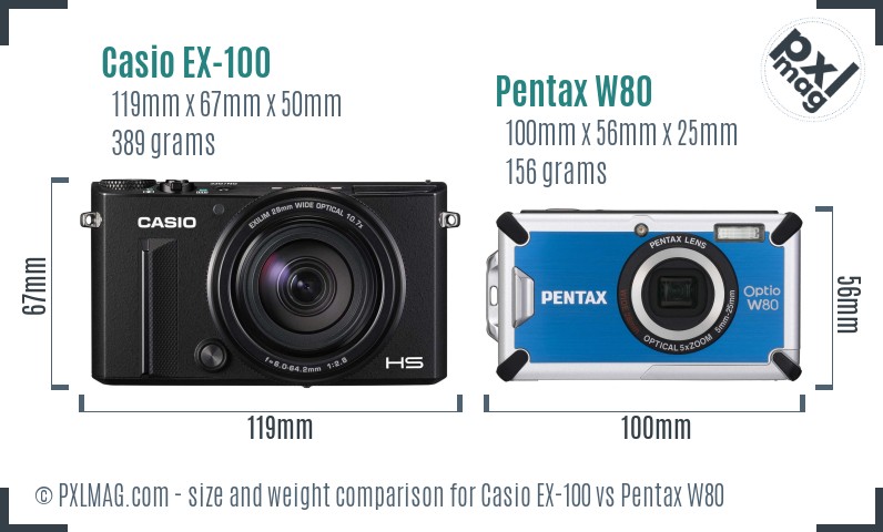 Casio EX-100 vs Pentax W80 size comparison