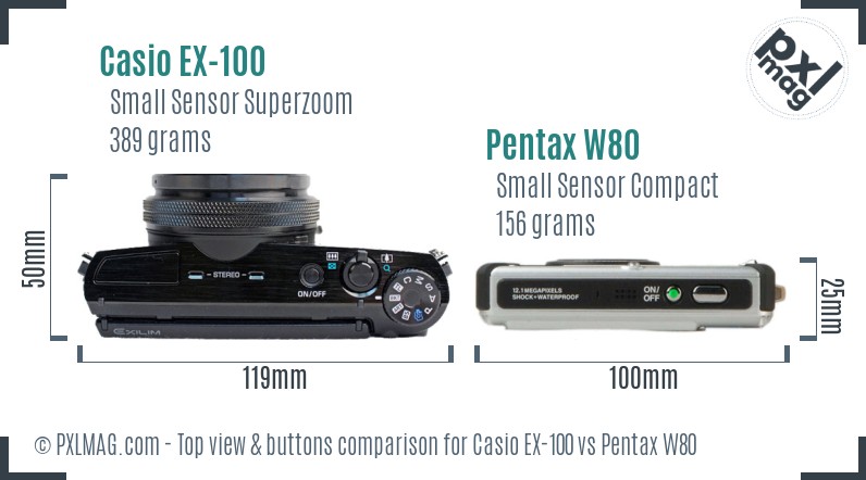 Casio EX-100 vs Pentax W80 top view buttons comparison