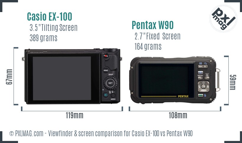 Casio EX-100 vs Pentax W90 Screen and Viewfinder comparison