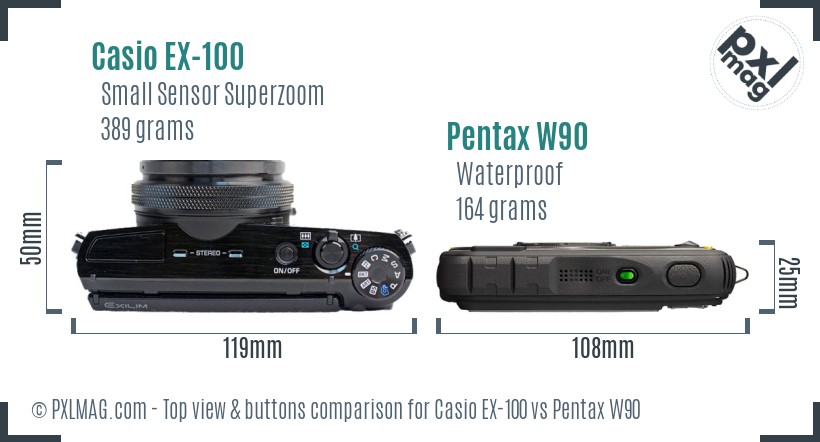 Casio EX-100 vs Pentax W90 top view buttons comparison