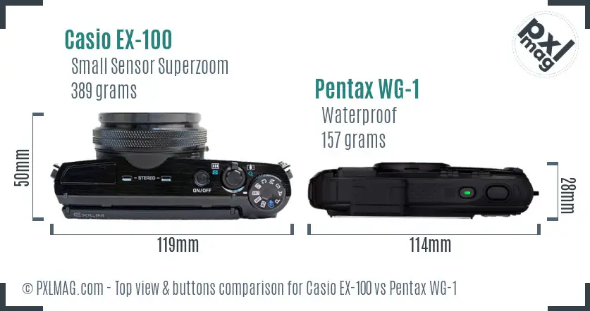 Casio EX-100 vs Pentax WG-1 top view buttons comparison