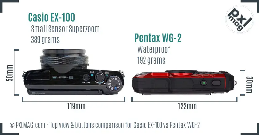Casio EX-100 vs Pentax WG-2 top view buttons comparison